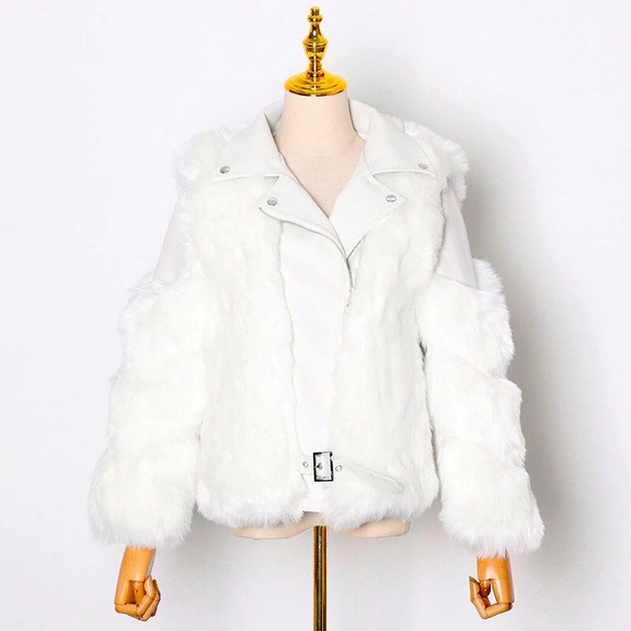 The Five Jackets & Blazers - SOLD! Cream Faux Fur + Vegan Leather Moto Jacket - Brand New with Tags